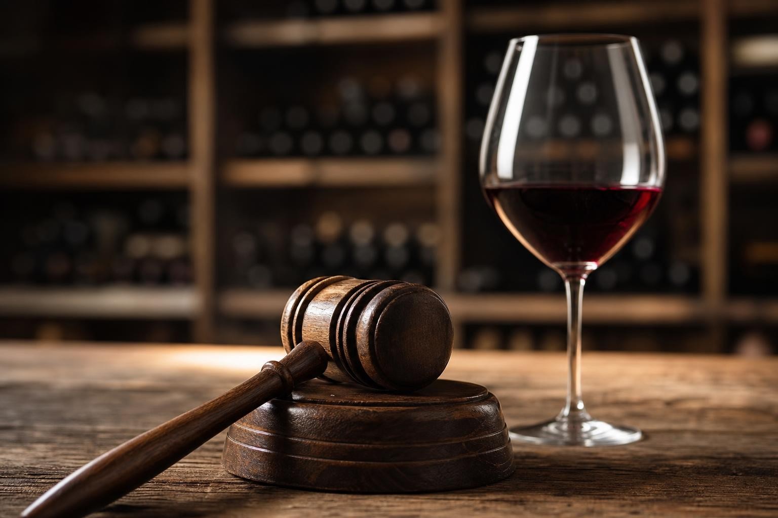 Scène évocatrice d’une vente aux enchères de vin avec un marteau d’enchères sur une table en bois et un verre de vin devant un chai flou.