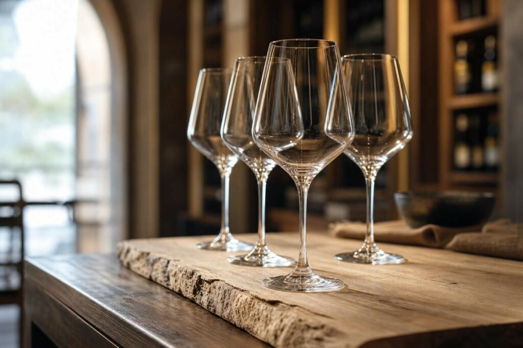 Illustration photographique évoquant un alignement de verres à vin vides sur une planche en bois, ambiance feutrée et chaleureuse d’un salon des vins