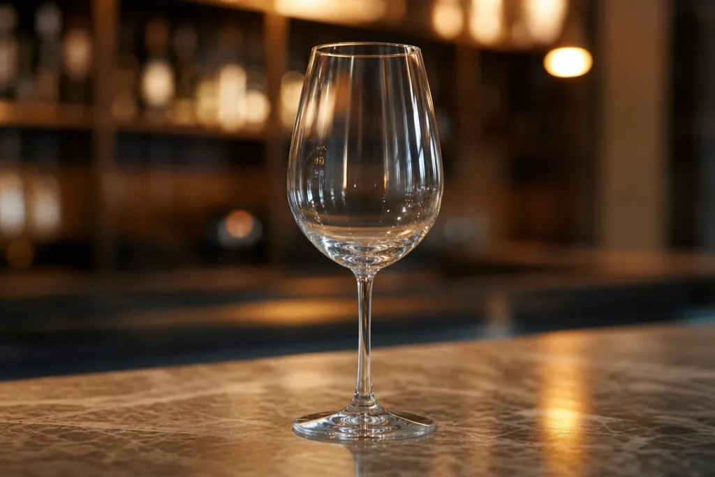 Scène évocatrice d’un salon de vins : verre de dégustation vide sur un comptoir en pierre avec arrière-plan chaleureux flou