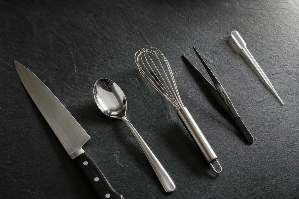 Scène évocatrice du parcours d’un chef étoilé, ustensiles professionnels alignés en diagonale sur un plan de travail sombre