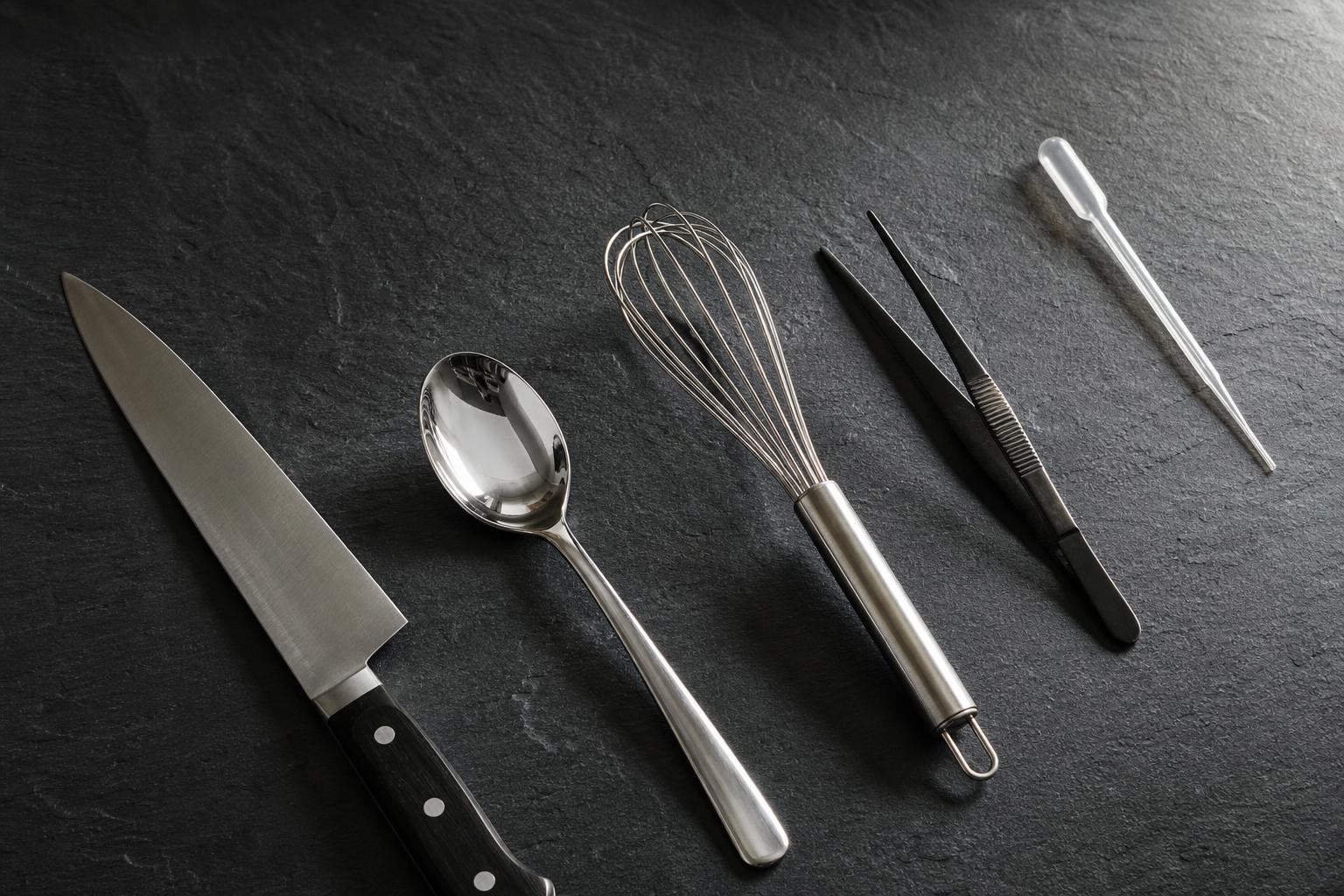 Scène évocatrice du parcours d’un chef étoilé, ustensiles professionnels alignés en diagonale sur un plan de travail sombre