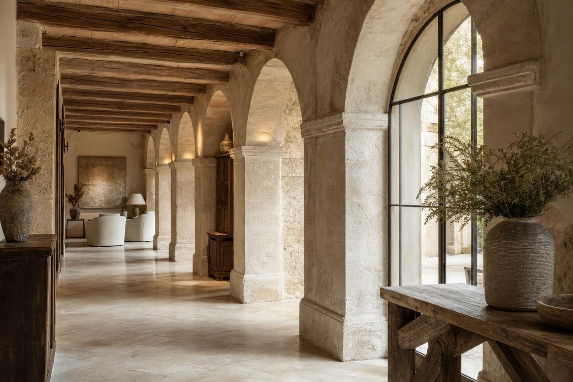 Hall d’hôtel de charme générique avec arches en pierre, poutres en bois et lumière naturelle