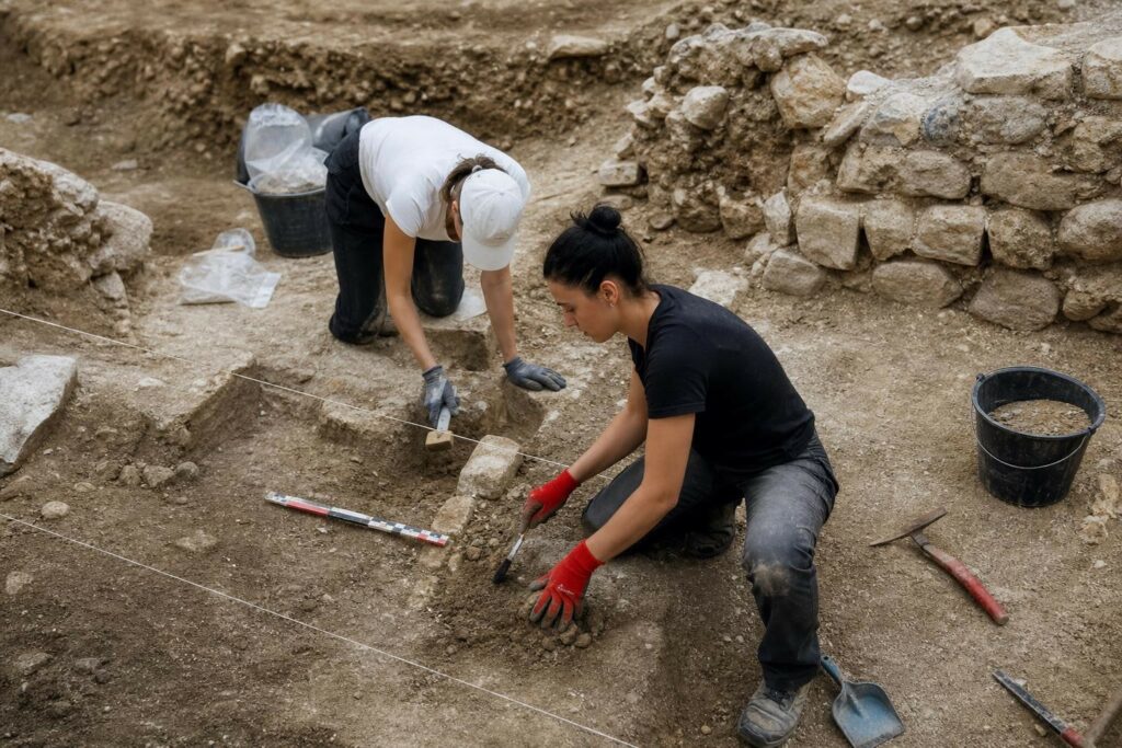Gros plan sur des fouilles archéologiques préventives dans une tranchée, mains gantées dégageant des fragments de maçonnerie avec pinceau, ambiance studieuse