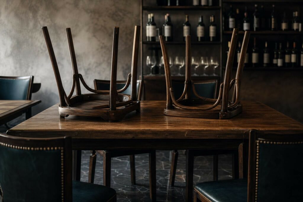 Illustration photographique évoquant la fermeture d’un restaurant gastronomique : table en bois vide et chaises retournées dans une salle épurée.