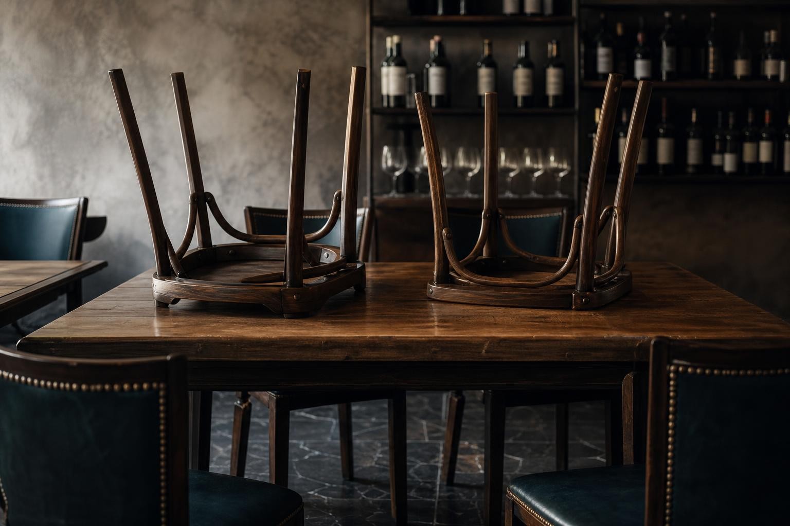 Illustration photographique évoquant la fermeture d’un restaurant gastronomique : table en bois vide et chaises retournées dans une salle épurée.
