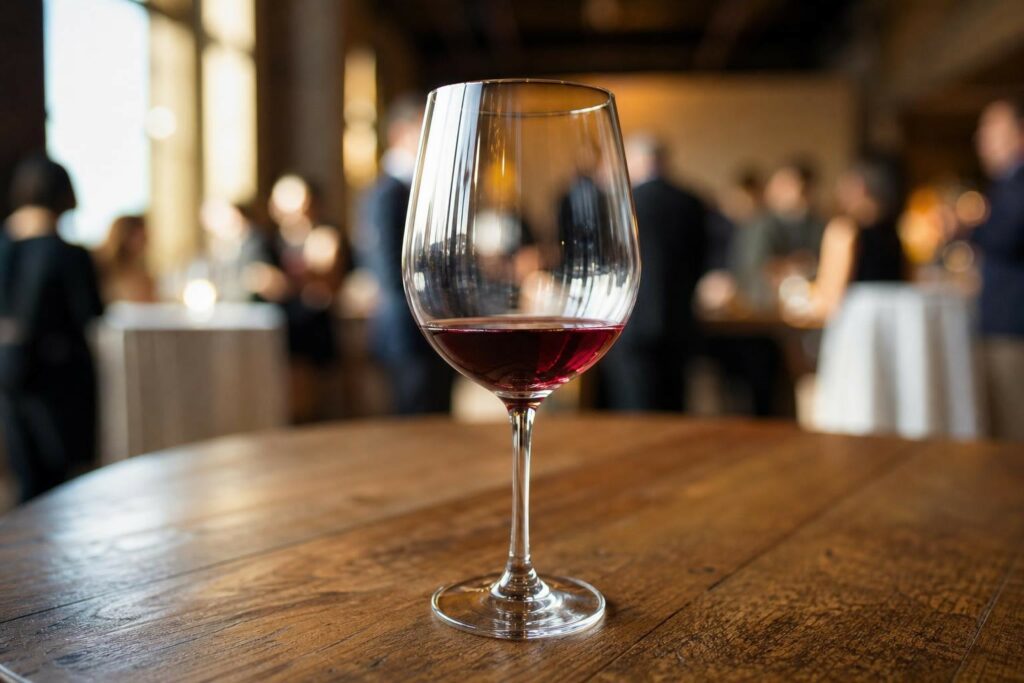 Scène évocatrice d’un salon des vins : un verre à vin rouge posé sur une table en bois, arrière-plan flou de silhouettes et de hauts-de-bout.