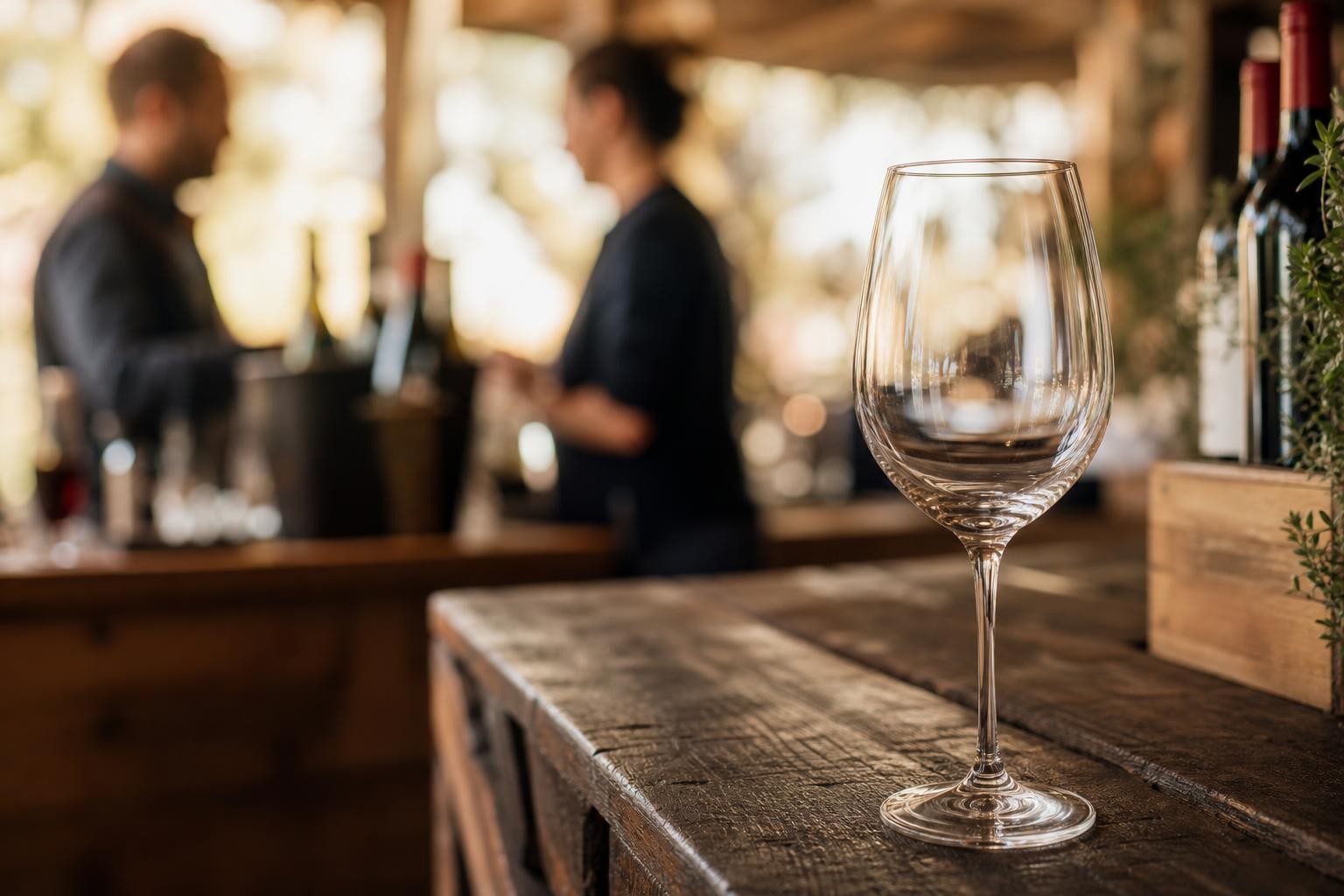 Mise en scène sobre d’un verre à vin vide sur une table en bois brut, silhouettes floues en arrière-plan évoquant un salon des vins